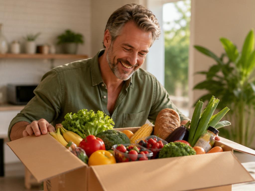 A man happily opening a box of fresh groceries at home