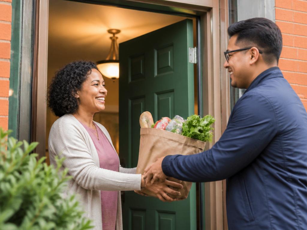 A neighbor handing a bag of groceries to a smiling woman at her door