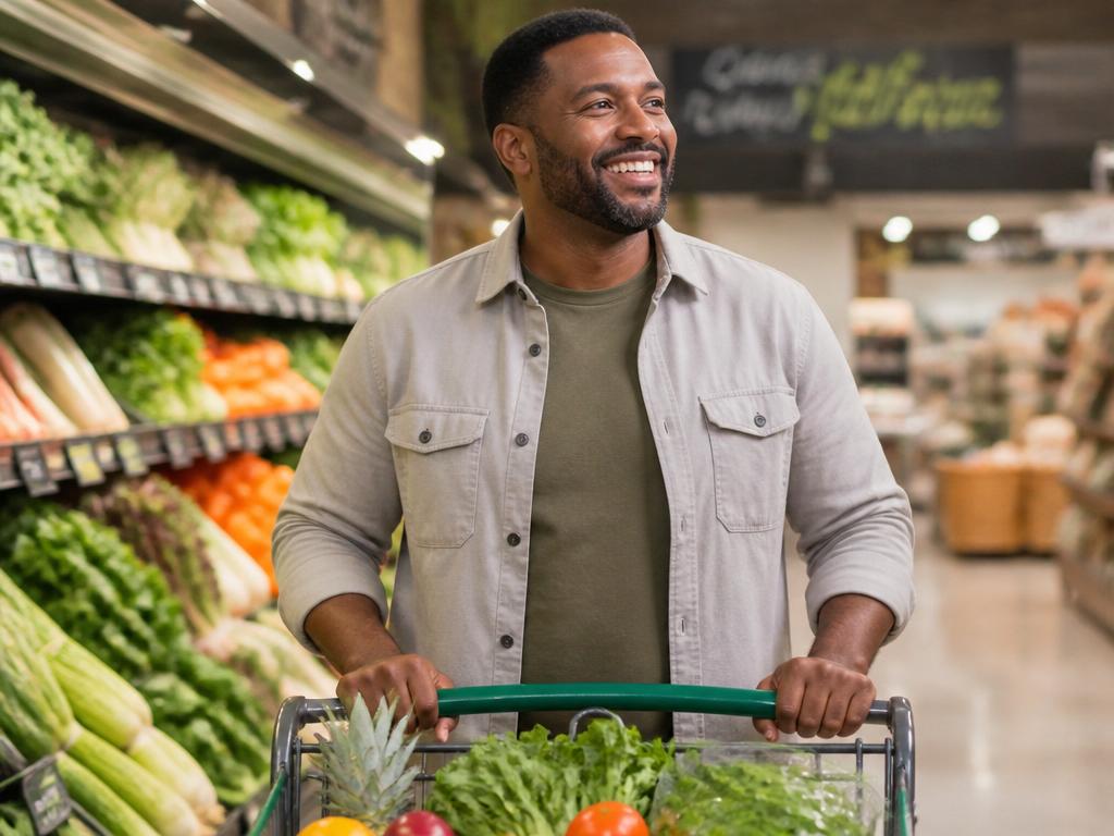 A man smiling while pushing a shopping cart in a grocery store